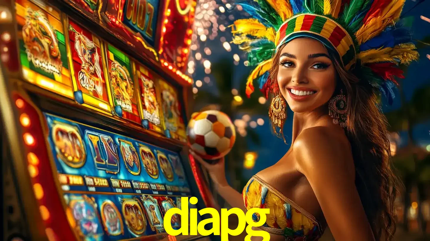 Mulher com um cocar de carnaval ao lado de uma máquina de caça-níqueis enquanto segura uma bola de futebol, mostrando a união da diversão de cassino e esportes no diapg.