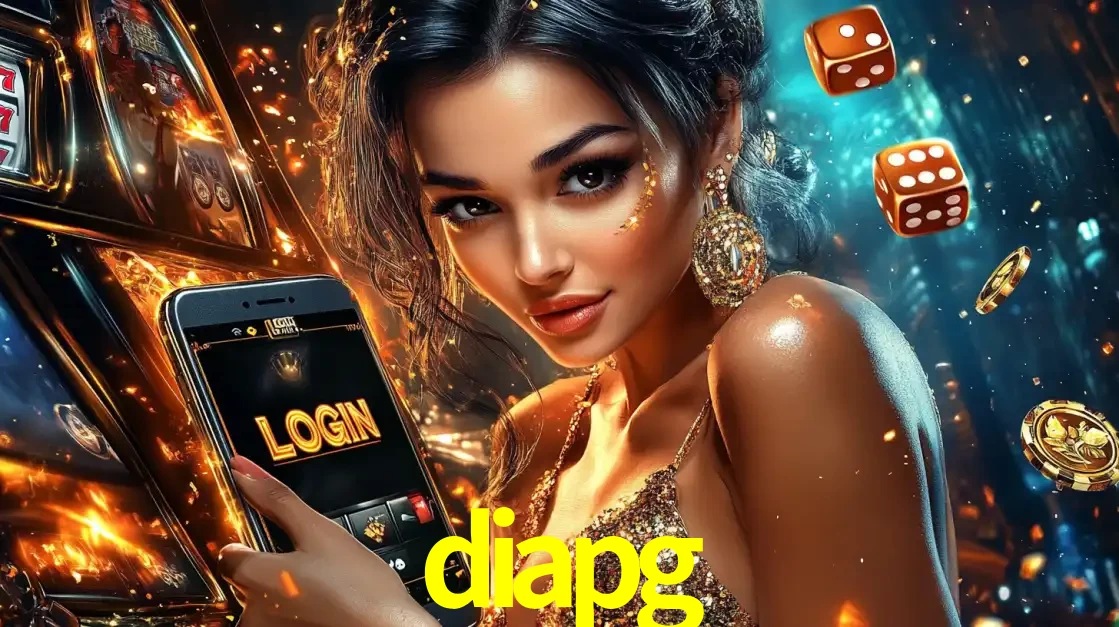 Mulher glamourosa segurando um celular com a tela de login do cassino diapg, rodeada por dados e moedas douradas, pronta para começar a diversão.
