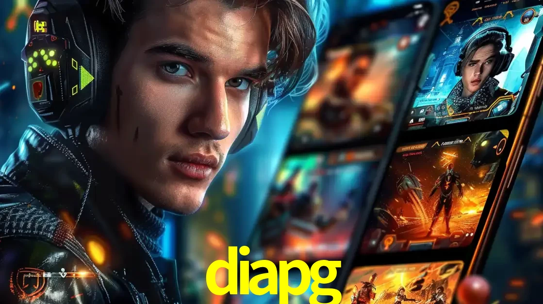 Jovem jogador com fones de ouvido olhando para a câmera, com um aplicativo de jogos e e-sports para celular ao fundo, pronto para a competição e apostas no diapg.