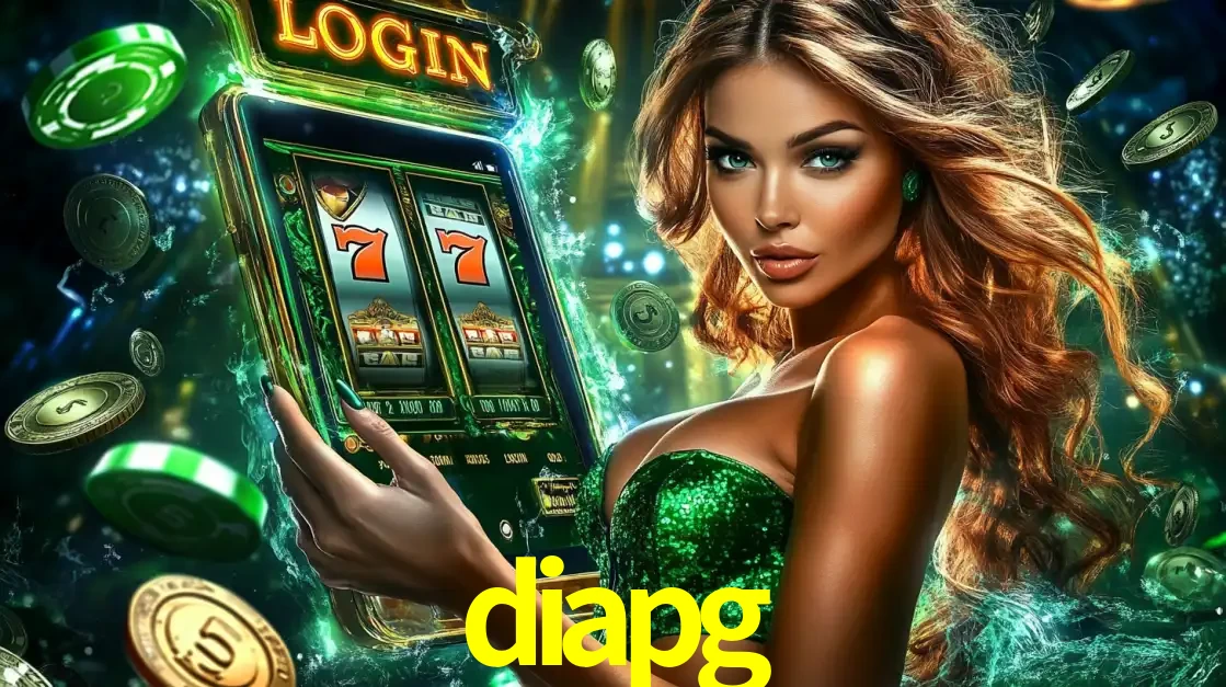 Mulher com tema verde apresentando o aplicativo do cassino diapg com um jogo de slot de 777, cercada por fichas de cassino e uma aura de sorte.
