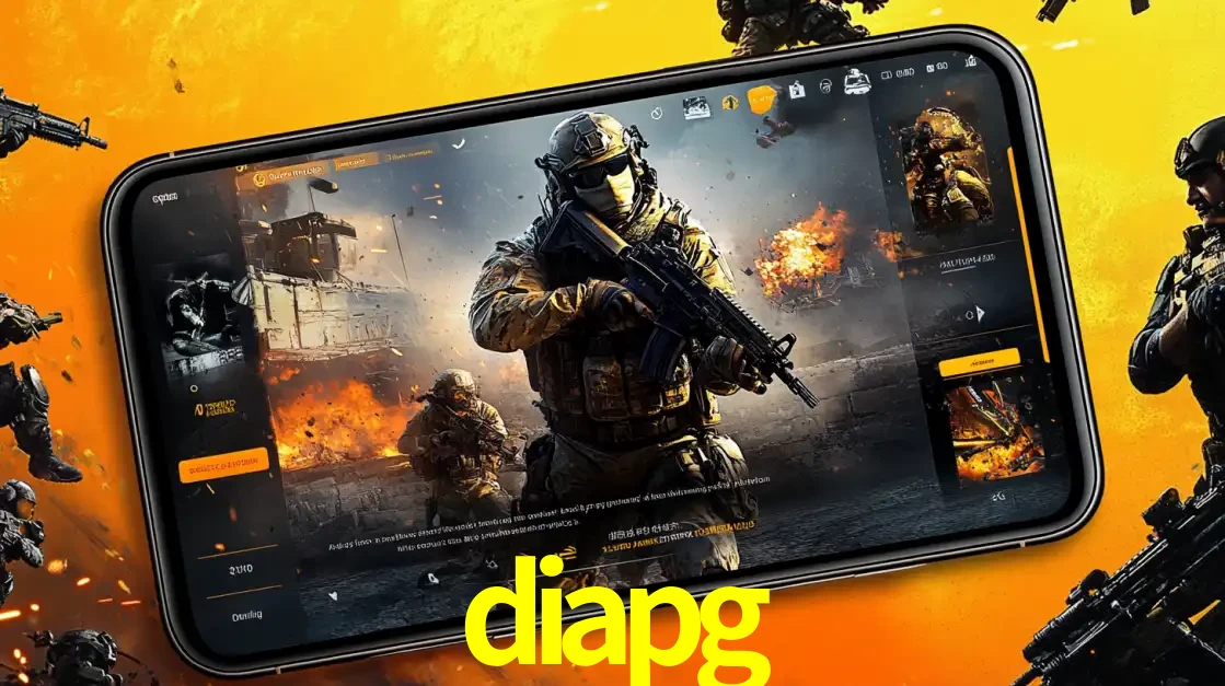Um smartphone exibindo a interface de um jogo de tiro em primeira pessoa, com um soldado em um cenário de batalha, representando a ação dos e-sports para apostar no diapg.