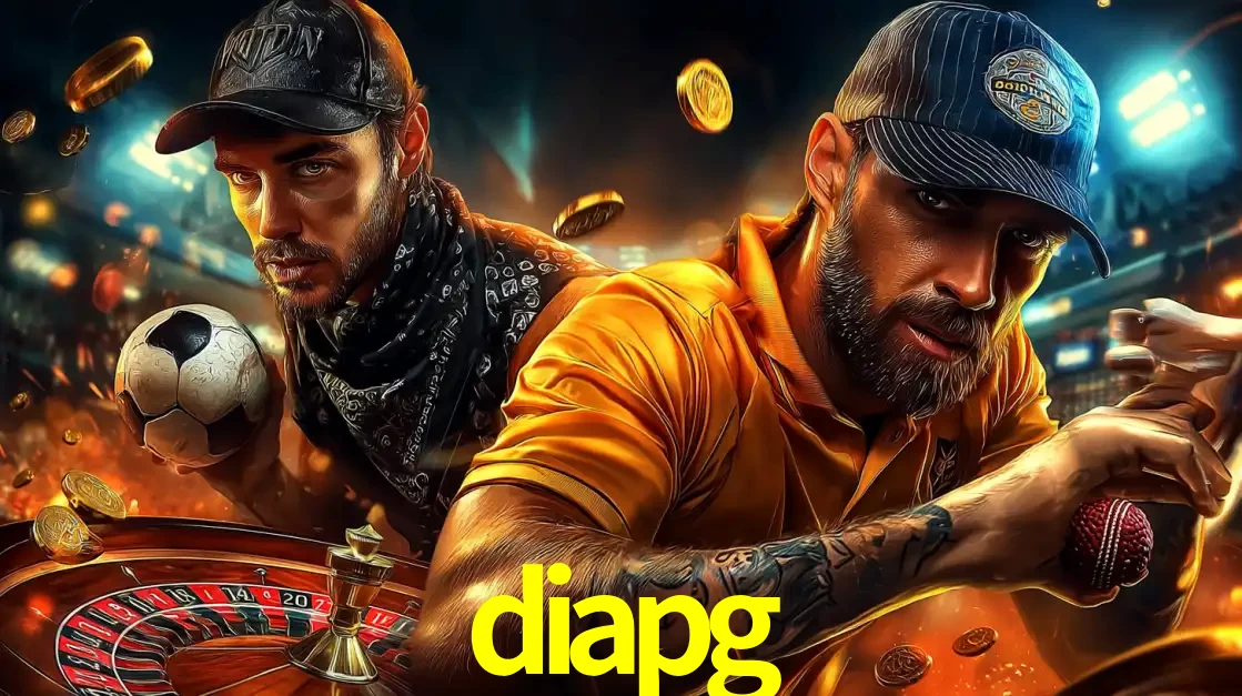 Montagem de apostas esportivas e cassino no diapg, com um homem segurando uma bola de futebol e outro uma de beisebol sobre uma roleta e moedas voadoras.