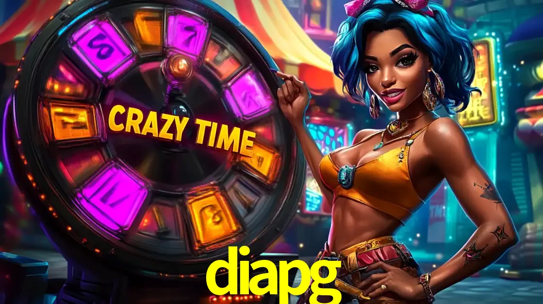 Mulher estilizada com cabelo azul e visual vibrante posando ao lado da roda de prêmios do game show Crazy Time, convidando para a diversão e os bônus do cassino diapg.