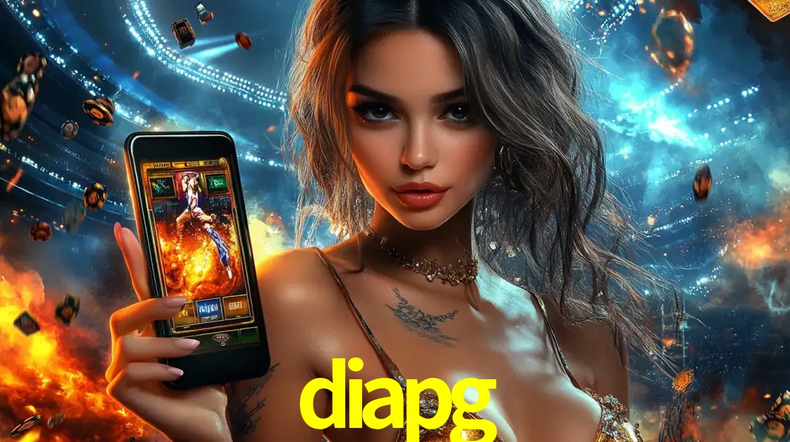 Mulher segurando um celular com um jogo de slot em destaque, tendo como fundo um estádio vibrante, simbolizando a emoção de jogar no cassino móvel diapg.