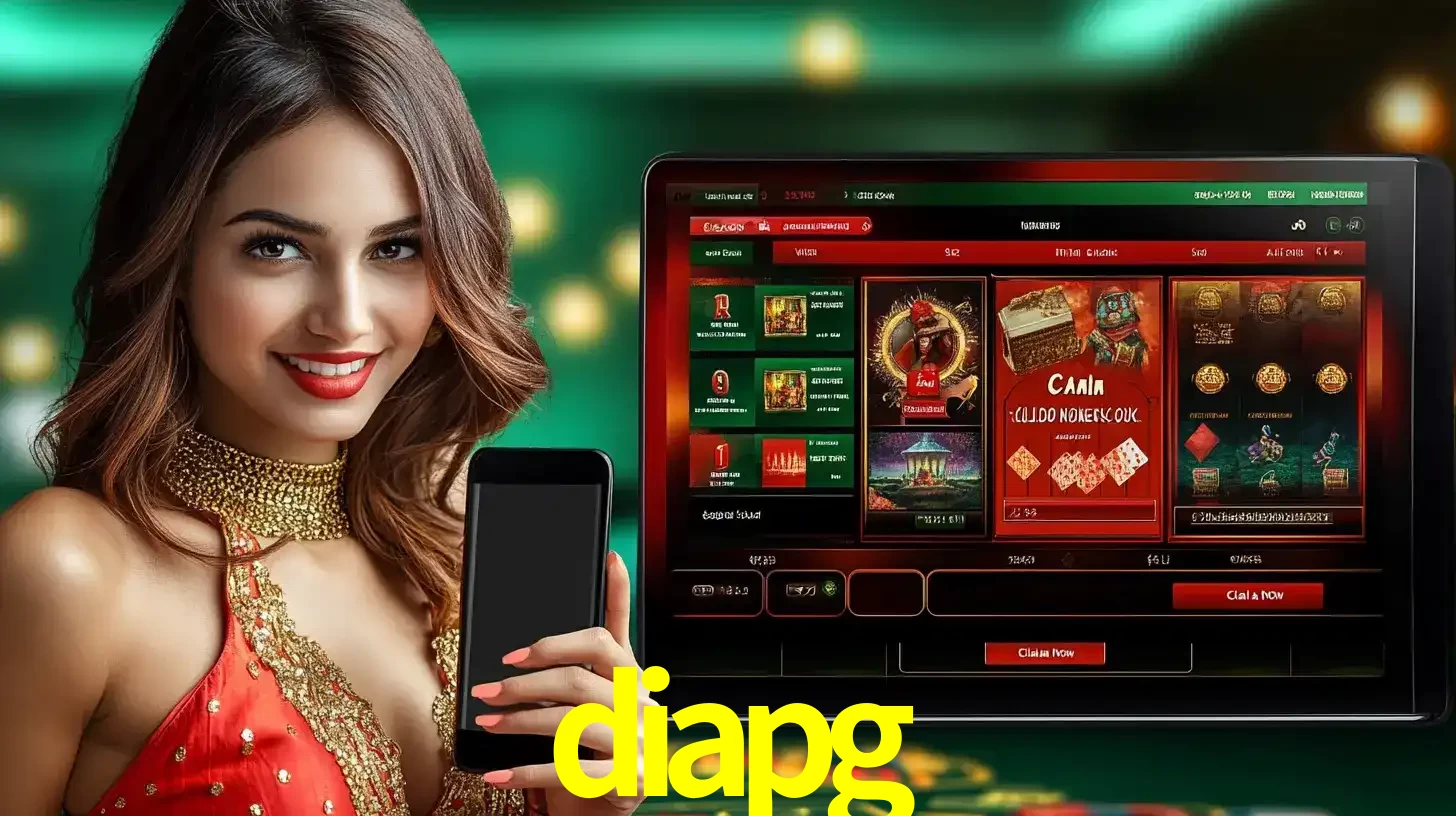 Mulher sorridente segurando um smartphone, ao lado de uma tela exibindo o lobby de jogos do cassino online diapg, com várias opções de jogos de cartas e slots.